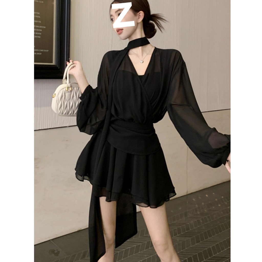 ชีฟองสีดํา 2in1 ชุดผู้หญิง Halter ริบบิ้น V คอยาวโคมไฟเอวเสื้อ A-Line Skort Elegant Dinner วันที่ชุด