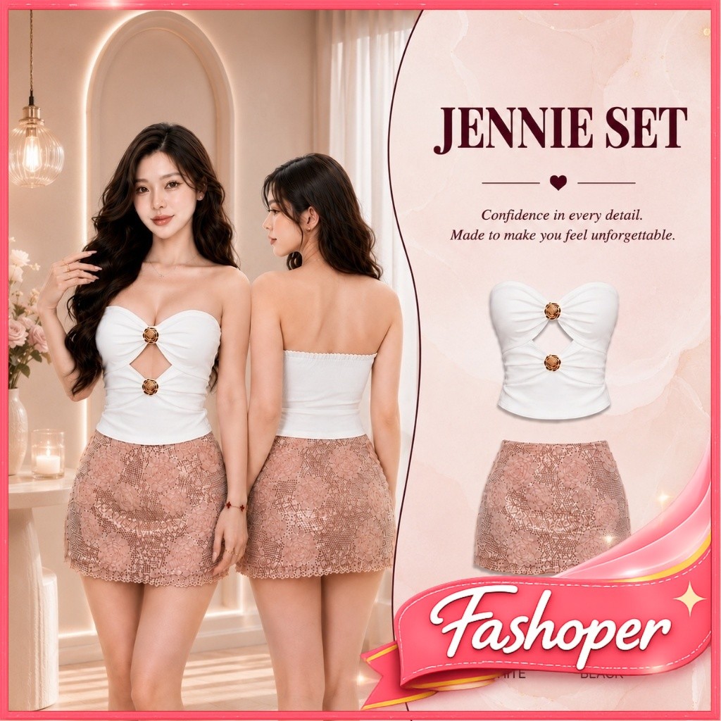 Fashoper Jennie Set Women Bangkok Premium Short Skirt Set Tube Top & Mini Lace Skirt Sexy Elegant Pa