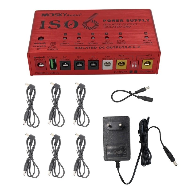BSTO Mosky ISO-6 Guitar Pedal Power Supply: 6 แยก 300mA DC (9V/12V/18V) + 5V USB Output– Compact Mul