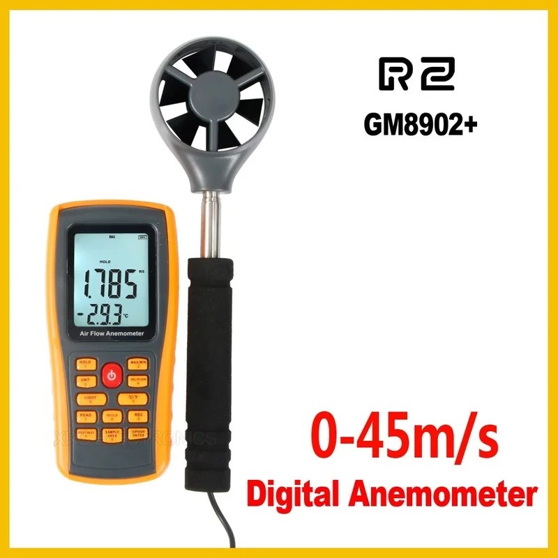 2NW9 GM8902+ เครื่องวัดความเร็วลมแบบดิจิตอลเครื่องวัดความเร็วลมอุณหภูมิจอแสดงผล LCD วัดดิจิตอล 45 m/