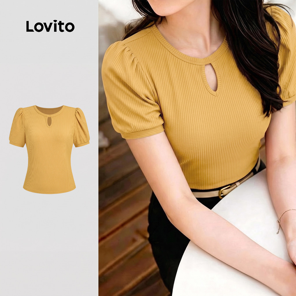 (New Arrival) Lovito เสื้อยืดลําลองผู้หญิงสีเหลือง ผูกปมด้านหน้า ระบายอากาศได้ดี เหมาะสําหรับฤดูใบไม