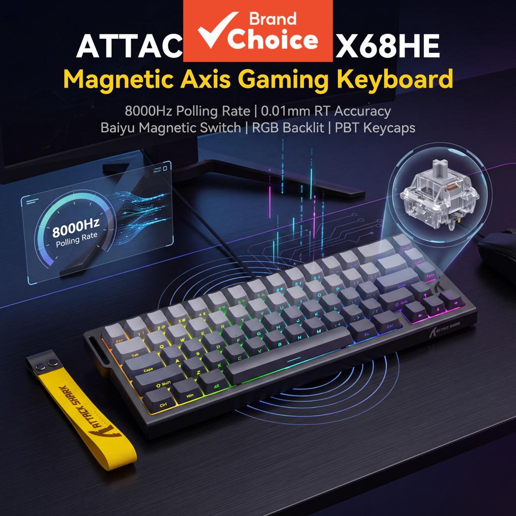 ATTACK SHARK X68HE Magnetic Gaming Keyboard แบบมีสาย, อัตราการสํารวจสูงสุด 8000Hz, 0.01 มม. RT RGB;