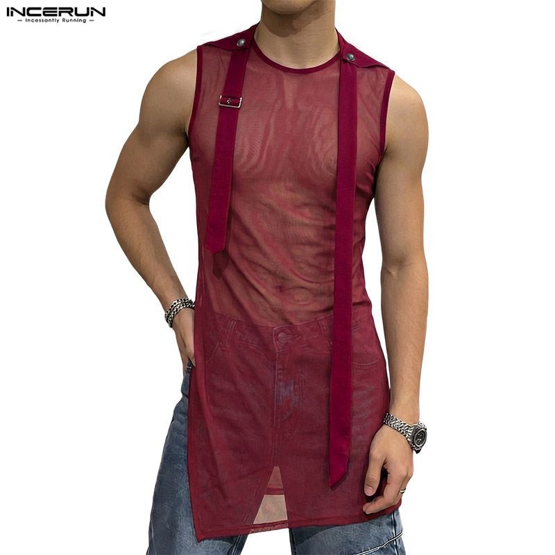 INCERUN Men Vintage See-Through Mesh Ribbon Side Slit 3/4 ความยาวถัง