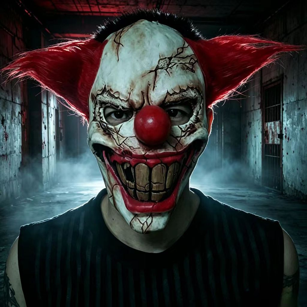 ฮาโลวีน Red Hairy Rotten Face Clown Latex Full Face Mask Clown Face