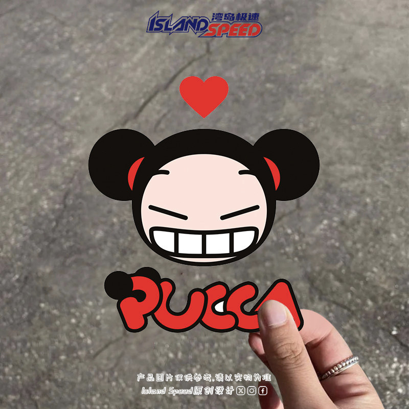 PUCCA ตุ๊กตาจีนอิโมติคอนแพ็ครถสติกเกอร์หัวใจรักยิ้มตกแต่งใบหน้าประตูรถกระเป๋าเดินทางรูปลอก