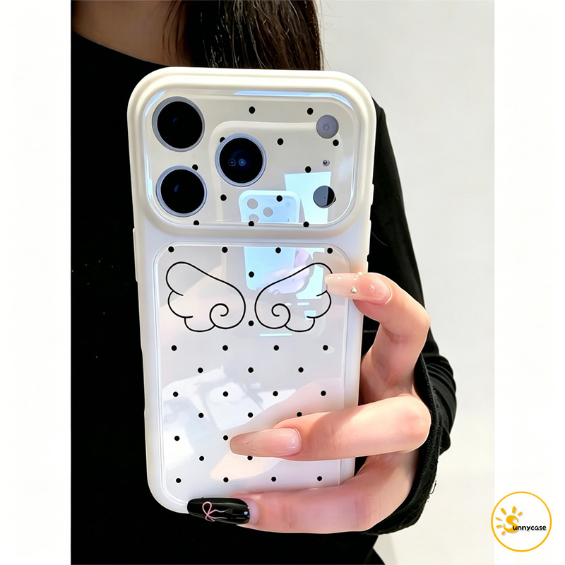เคสไอโฟน 18 pro max เข้ากันได้กับ iPhone 17 13 18 16 15 12 14 11 Pro Max 16 17 18 Pro เคสปีกเทพลายจุดสีขาวน่ารัก
