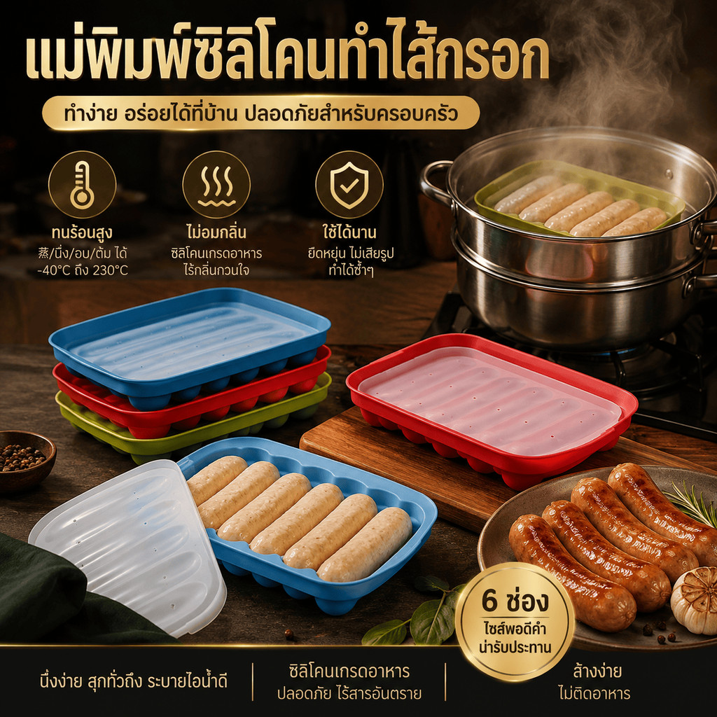 แม่พิมพ์ไส้กรอกซิลิโคนสำหรับทำอาหารโฮมเมด เกรดอาหาร ปลอด BPA ทนความร้อน นึ่ง อบ ต้มได้ ล้างง่ายๆ ใช้ซ้ำได้ทุกวัน