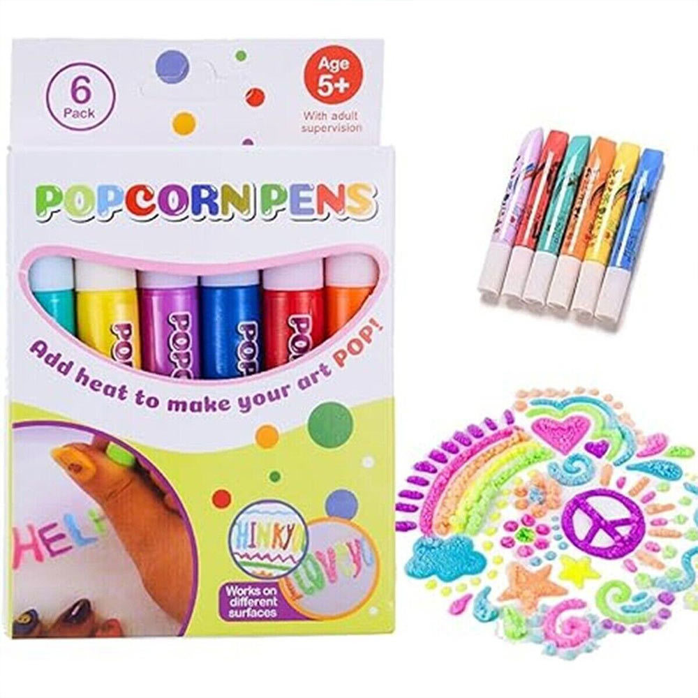 Popcorn Pens | 6 Pack Heat Activated 3D Bubble Markers Kids DIY Painting Craft Pens