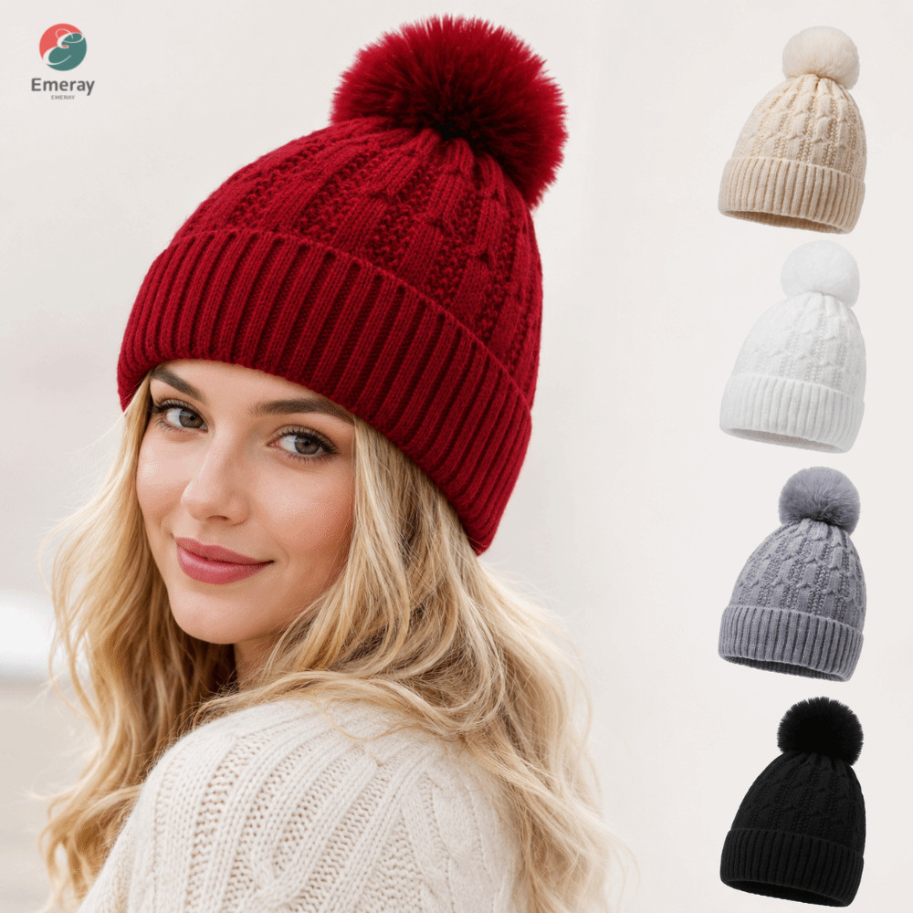 EMERAY หมวกบีนนี่ฤดูหนาว, Thicken ถักหมวกอบอุ่น,อเนกประสงค์นุ่มยืดด้วยขนสัตว์ Pom Pom หมวกฤดูหนาวสวมใส่สภาพอากาศเย็น