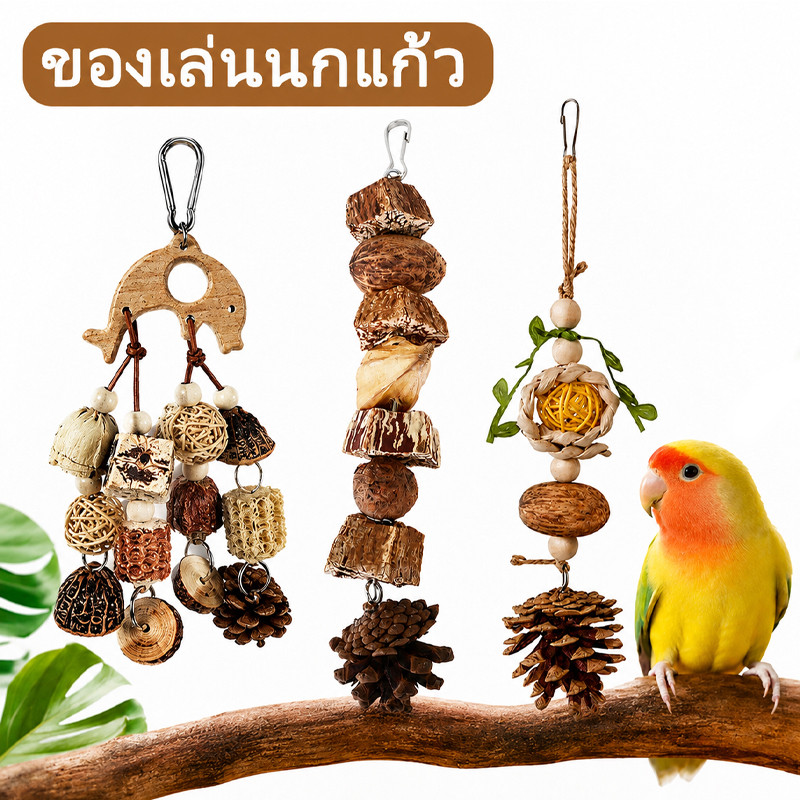 ของเล่นหัดกัดแทะสำหรับนกแก้ว ของเล่นนกแก้ว วัสดุทำจากไม้และถั่วธรรมชาติ ลูกสน วัสดุจากธรรมชาติ ช่วยลดความเบื่อหน่าย