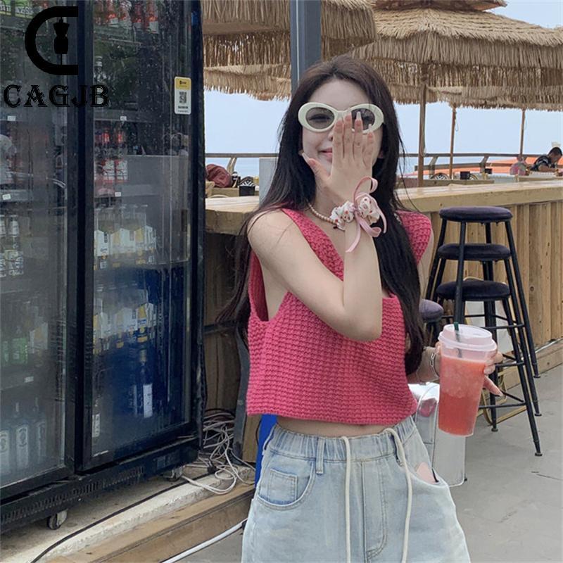 [CAGJB] ฤดูร้อน Hotsweet รอบคอถักเสื้อกล้ามผู้หญิงสีทึบแขนกุดเสื้อกั๊กหลวม UOM