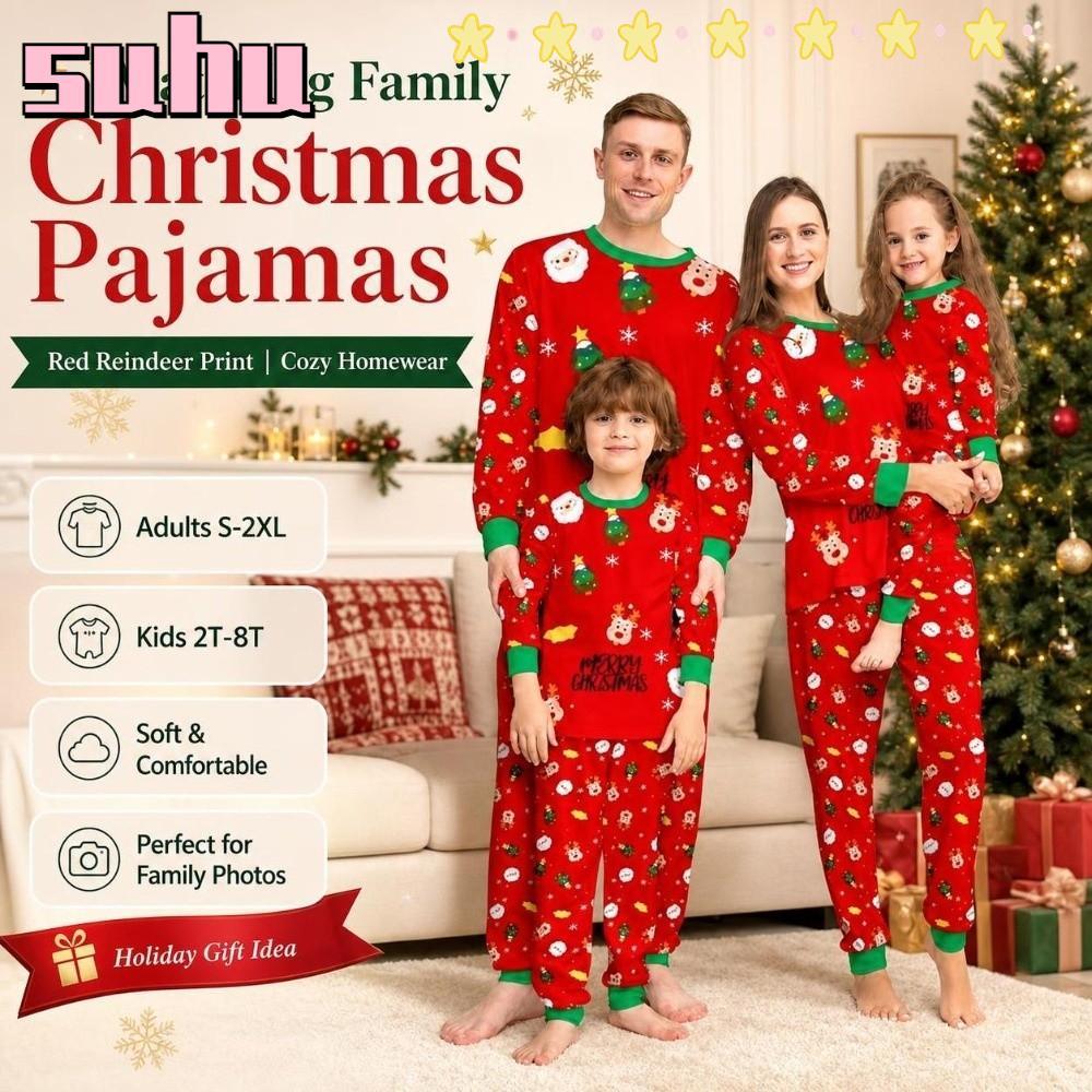 SUHUHD นอนคริสต์มาสชุด, Santa Claus พิมพ์ครอบครัวชุดนอน,สีแดงแขนยาว Xmas ต้นไม้กวาง Xmas ชุดนอนผู้ชา