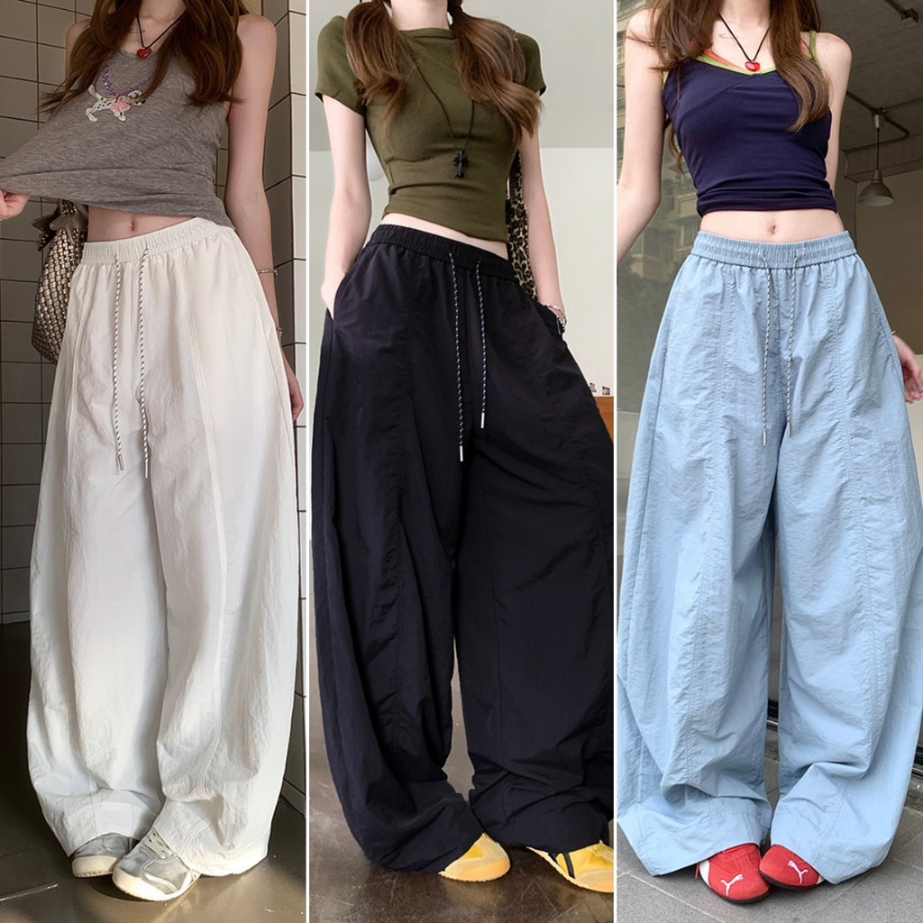 Bella Shop กางเกงขายาว กางเกงผู้หญิง ทรงหลวม มีเชือกที่เอว เอวยืดได้ ใส่ในชีวิตประจำวัน