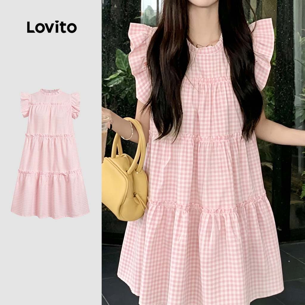 (New Arrival) Lovito เดรสผู้หญิงสีชมพู น่ารัก ระบายพลิ้ว ใส่สบายสําหรับฤดูใบไม้ผลิ/ฤดูร้อน เกาหลี อิ