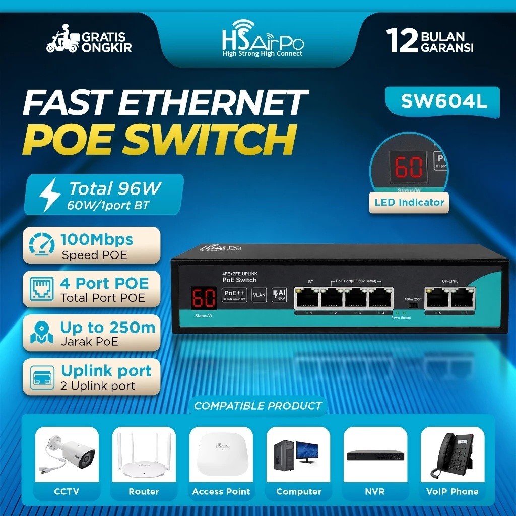 HSAIRPO SW604L POE Switch+ 4Port 2 Up 100Mbps AF/AT/BT 120W