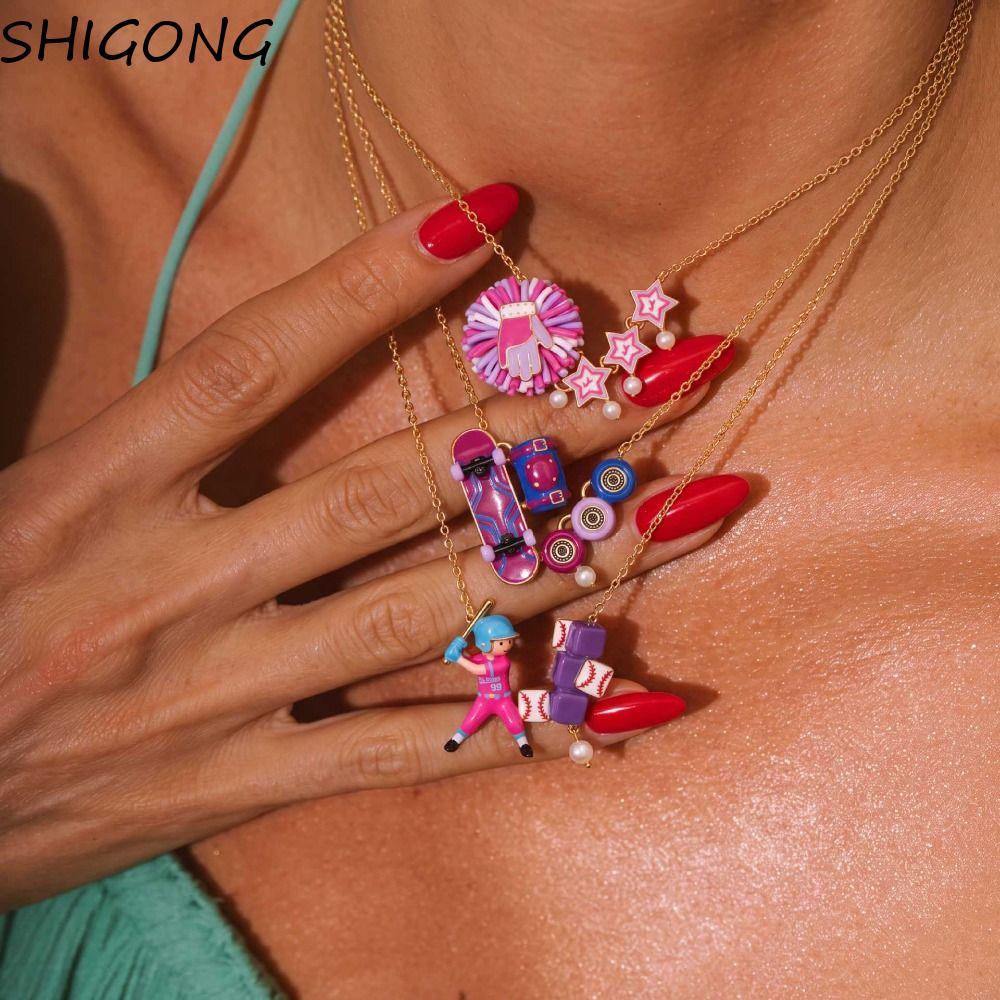 SHIGONG สร้อยคอกีฬา,สร้อยคอเคลือบเสน่ห์มุกแปลกใหม่,3D Layerable น่ารัก Y2K สร้อยคอจี้การ์ตูนของขวัญ