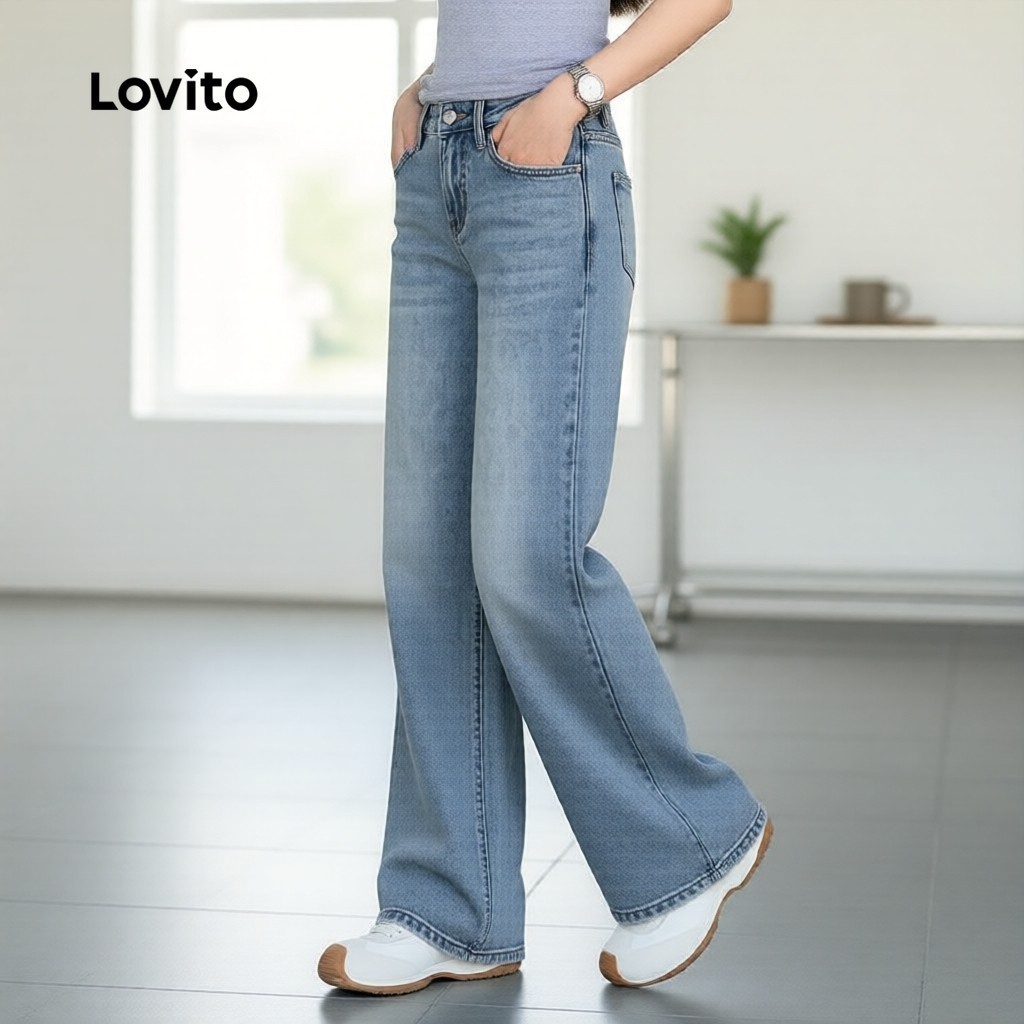 Lovito แคชชวล กางเกงยีนส์ซิปผู้หญิงสีน้ําเงิน สไตล์ เกาหลี อินเทรนด์ L173AD395