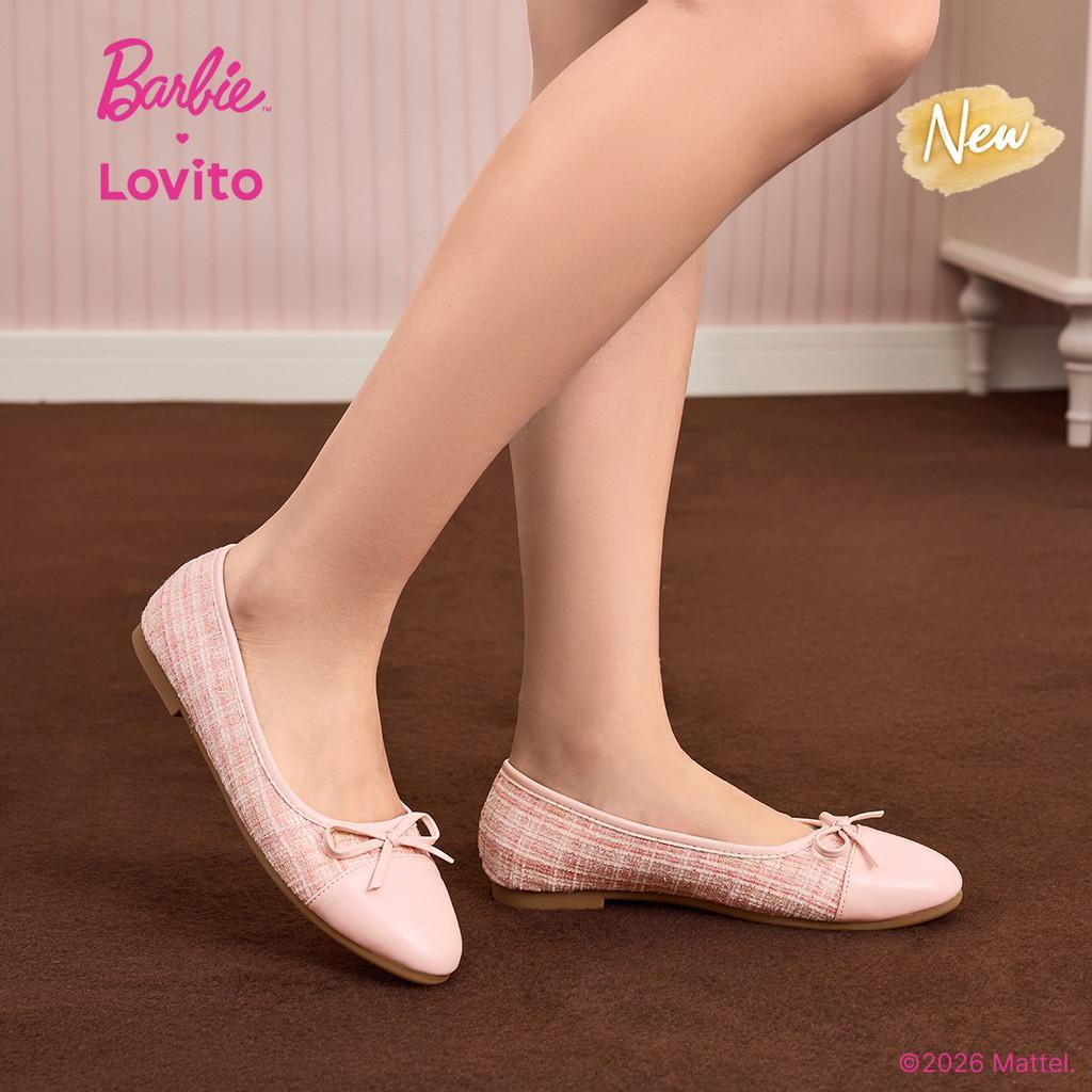 (New Arrival) Barbie™ X Lovito รองเท้าคัทชูแมรี่เจนดีไซน์หรู โบว์ตกแต่ง เย็บต่อผ้า สีชมพูบัลเลต์ สำหรับผู้หญิง SMBL6PAD041