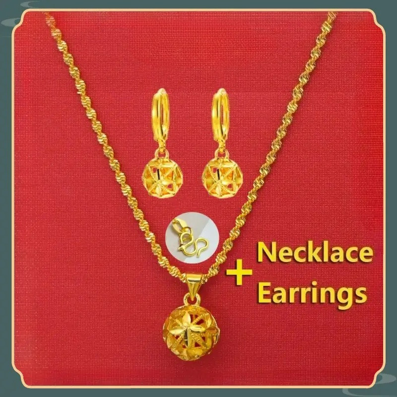 COD Original 18k Saudi gold pawnable Nasasangla 99.99% Hollow Ball ต่างหูและสร้อยคอชุดสําหรับของขวัญ