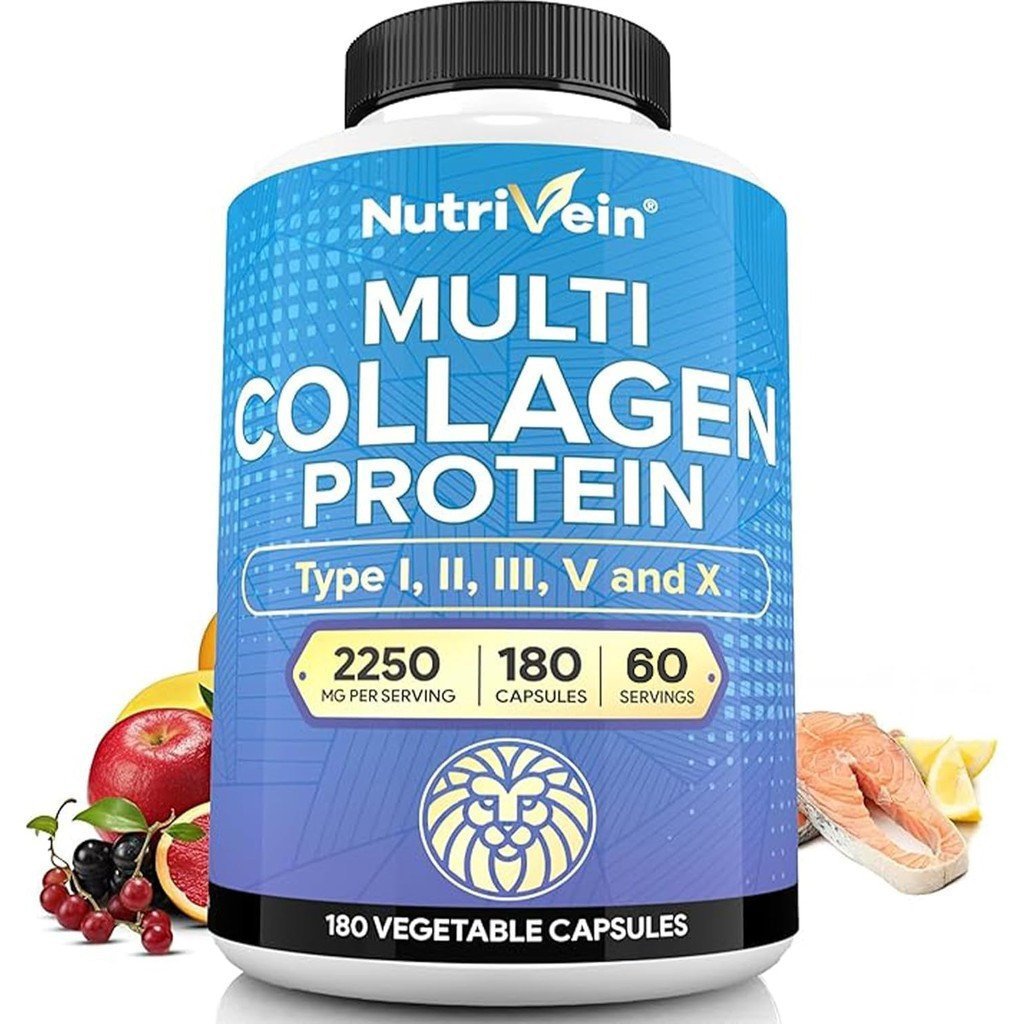 Nutrivein Premium Multi-Collagen Capsules 2250mg-180 แคปซูลคอลลาเจนที่บอบบาง: I Type, II Type, III T