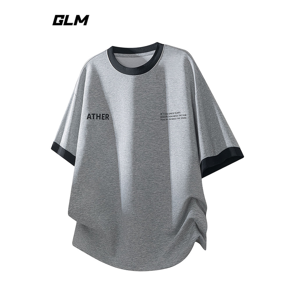 GLM อย่างเป็นทางการของแท้แขนสั้นเสื้อยืดผู้ชายฤดูร้อนรอบคอ Contrast เย็บพิมพ์ตัวอักษรหลวม All-Match 