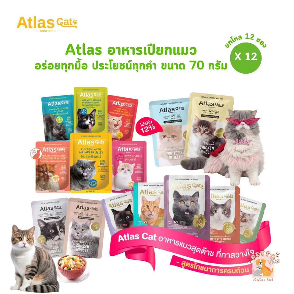 Atlas Cat แอทลาส แคท [12 ซอง] อาหารเปียกแมว เกรดพรีเมี่ยม อร่อยทุกมื้อ ประโยชน์ทุกคำ ขนาด 70 กรัม