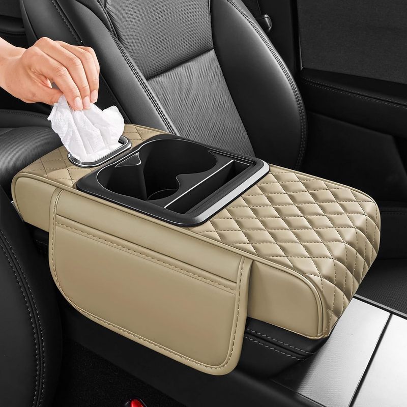 5 In 1 Nappa Leather Console Armrest Cover สีเบจ