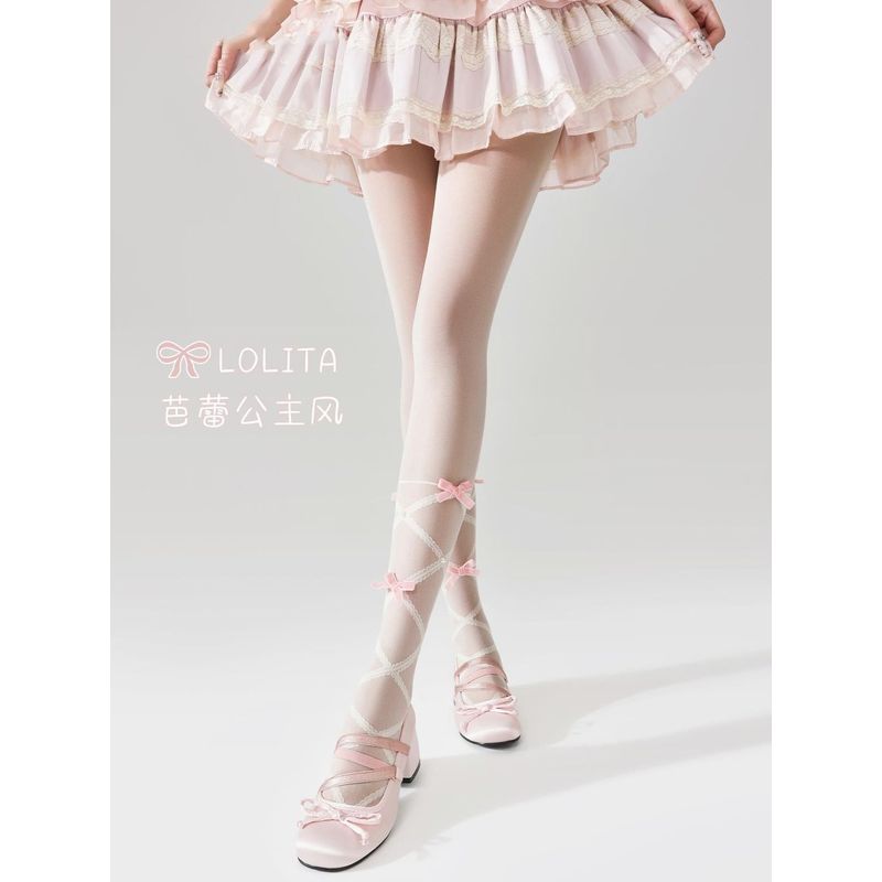 白色丝袜女夏季薄款Lolita洛* 丽塔白丝蝴蝶结芭蕾少女风打底连裤袜Sweet Lolita Lolita Pantyhose Lolita Socks French Palace Style