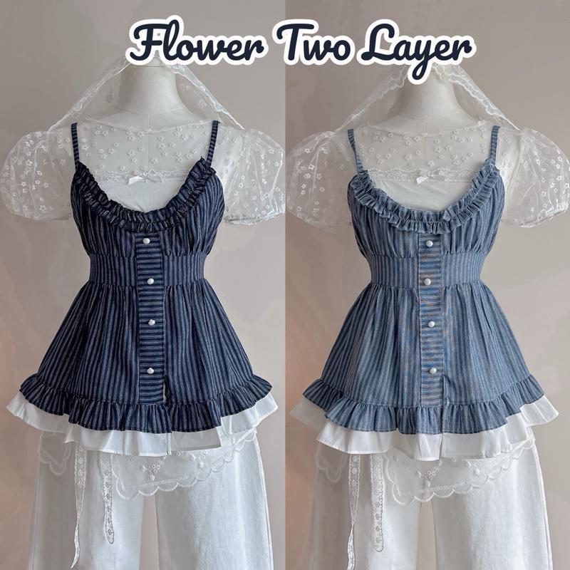 Flower two Layer สายเดี่ยวตัวยาว ผ้าลายริ้ว (มีแยกขาย/ คู่) เสื้อซีทรู น่ารักมาก