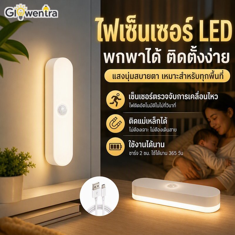 แบบพกพา Motion Sensor Light LED โคมไฟกลางคืน Magnetic Mount USB ชาร์จ Soft Glow