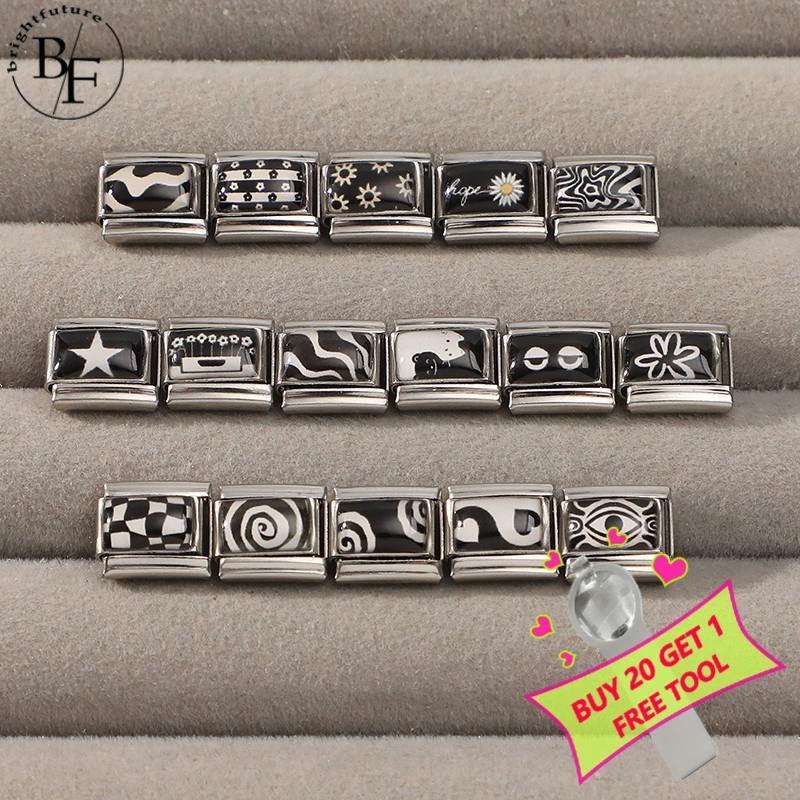 สร้อยข้อมือสแตนเลสสไตล์เรโทร กับดีไซน์ดอกไม้อิตาเลียนสีดำ charm สำหรับขนาดวงเวียนข้อมือ 9 มม.