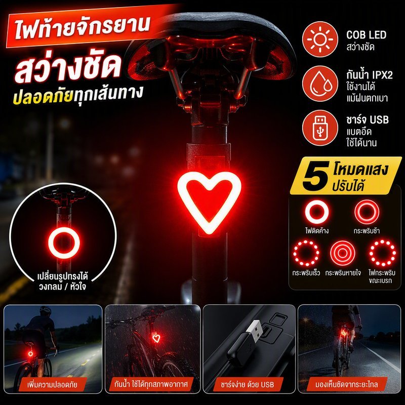 【รุ่นใหม่ปี】ไฟท้ายจักรยาน LED ไฟฉายจักรยาน USB ชาร์จเร็ว กันน้ำ ติดง่าย สำหรับจักรยานถนน ภูเขา