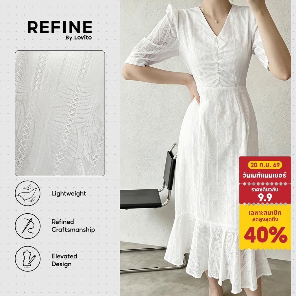 (Refine by Lovito) เดรสทำงาน ผ้าฝ้ายปักลาย นุ่มสบาย ลายจาการ์ด ดีไซน์โดดเด่น ละเอียดสวย เดรสสีครีม ผู้หญิง ฤดูใบไม้ผลิ-ฤดูร้อน DRR42P1D013