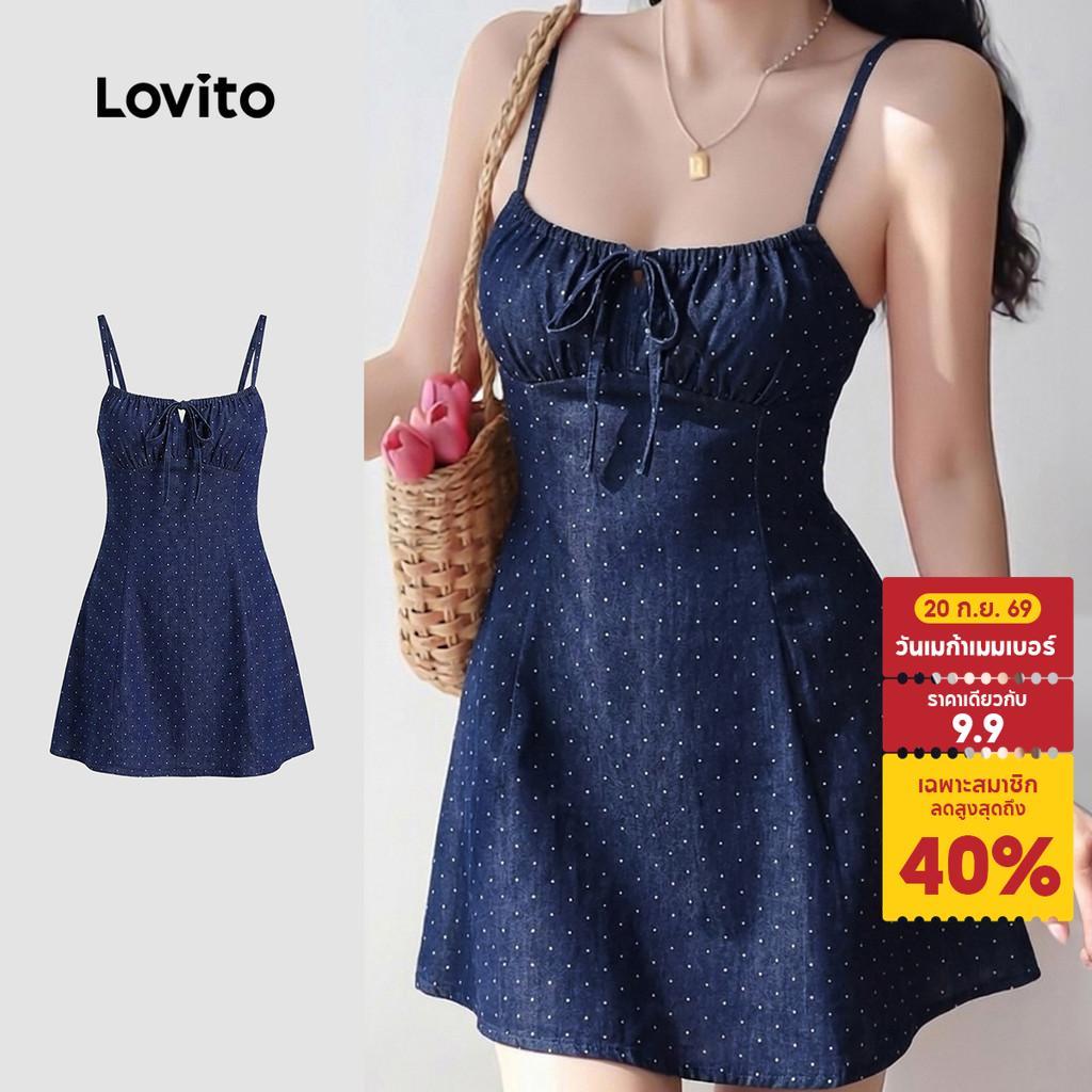 Lovito เดรสสีน้ําเงินเข้ม ลายพิมพ์สวยงาม ผูกด้านหน้า เหมาะสําหรับฤดูใบไม้ผลิ/ฤดูร้อน สําหรับผู้หญิง DRK8P2D648