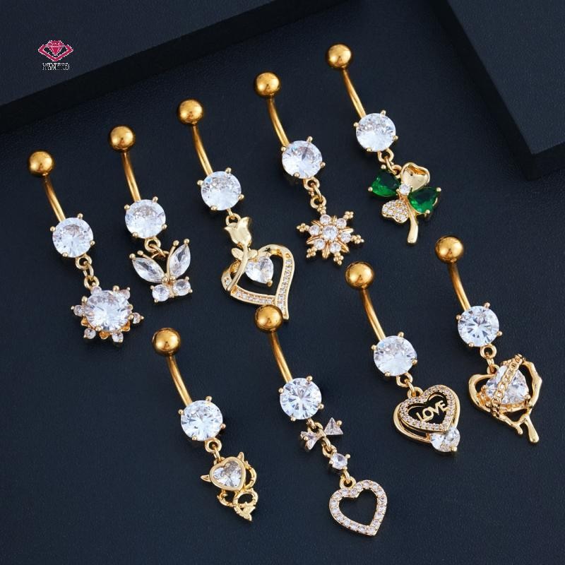 HWETR Zircon Belly ปุ่มแหวนสแตนเลสจี้หัวใจ Navel เจาะ Barbell สําหรับผู้หญิง Belly แหวนเครื่องประดับชายหาดใหม่