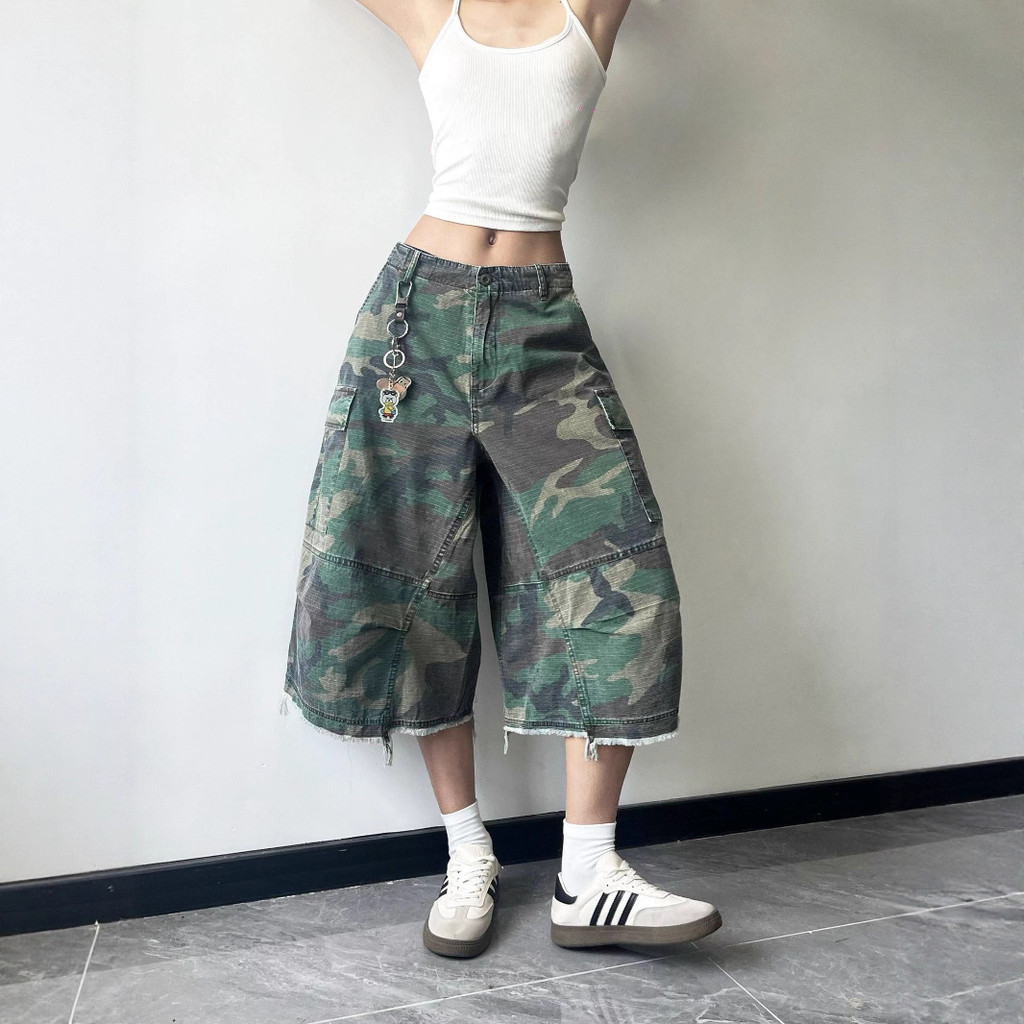 F3Q8 nonnod camo baggy jorts Camouflage Scimitar Seven-point Pants Loose Workwear Casual Pants cargo