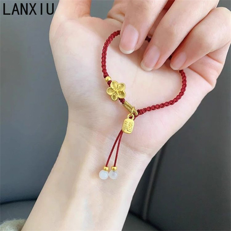 LANXIU Blossom Flower Lucky Bracelet เชือกสีแดงสไตล์จีน สำหรับผู้หญิง มีสไตล์และทำมือเป็นของขวัญพิเศษ