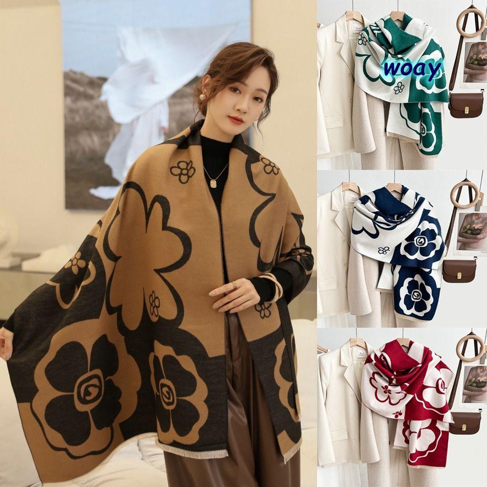 WOAY ผ้าพันคอลายดอกไม้แคชเมียร์นุ่ม ๆ พร้อมผ้าคลุมไหล่ สำหรับผู้หญิงในฤดูหนาว