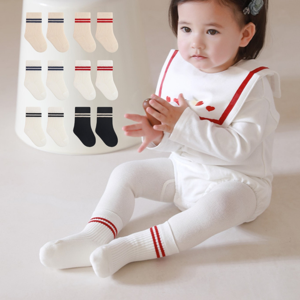 👧🏻🧒🏻 ถุงเท้าเด็กเล็ก #SC-16 สีพื้นลายคาด 2 เส้น ผ้าแจ็คการ์ด เนื้อนุ่มคุณภาพดี ทำจากผ้าฝ้าย 80.8%
