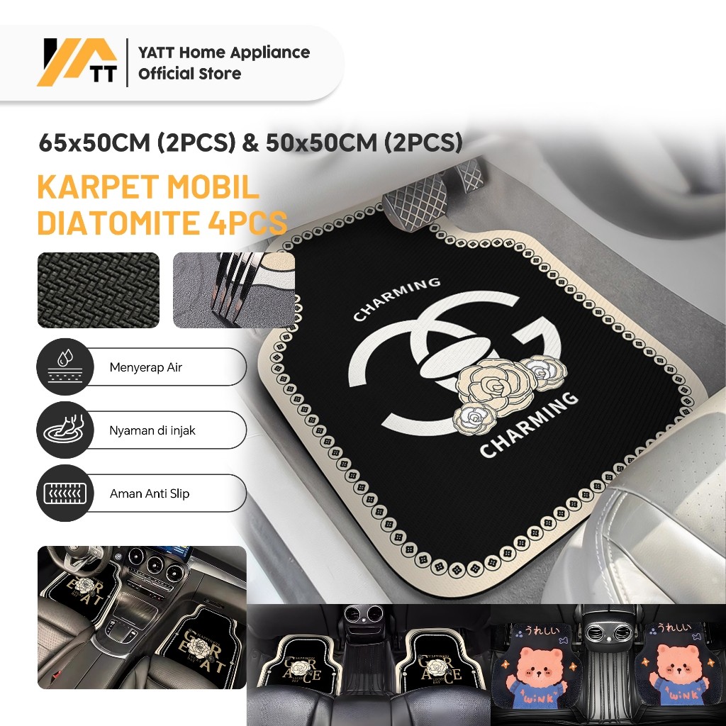 YAT Premium & Anti-Slip Cute Character Diatomite Car Mat - สําหรับรถยนต์ทุกประเภท (1 ชุด/4 ชิ้น)