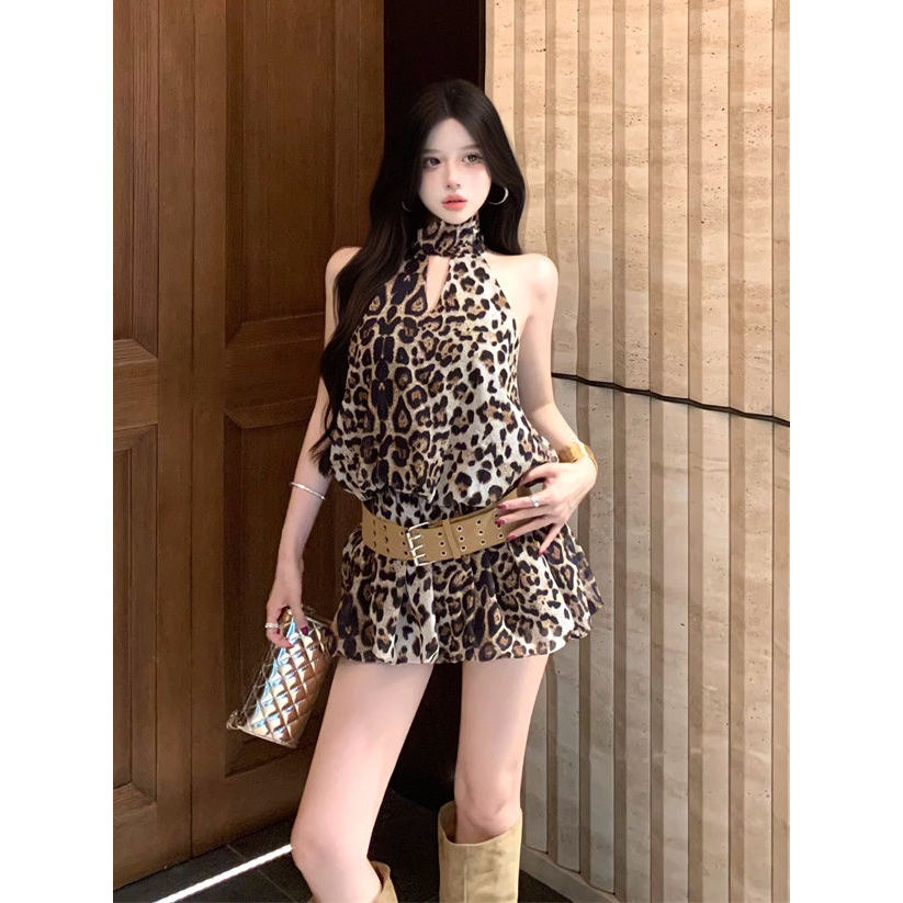 Sexy Spice Girl Style Retro Leopard Print Sleeveless Elegant Leopard Print Neck Dress Slim-fit Slim-