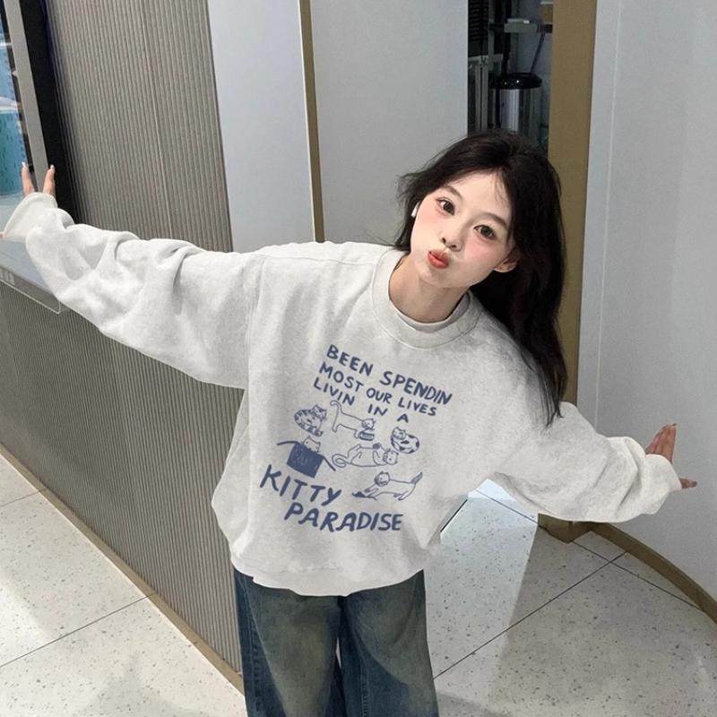 เสื้อสเวตเตอร์คอกลม คอตตอน100% YLWY0309 สำหรับผู้หญิง ขนาดพลัสไซซ์  เหมาะสำหรับฤดูใบไม้ร่วงและฤดูหนา