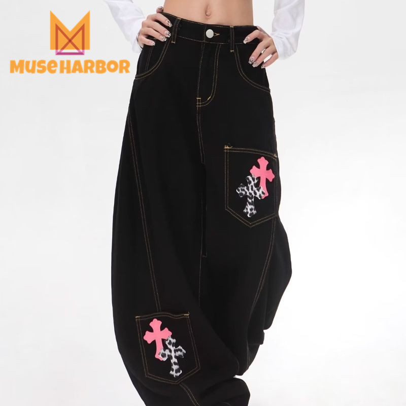 MuseHarbor กางเกงยีนส์ข้ามเอวสูงแบบอเมริกันสีดำ ทรงขาตรงหลวม