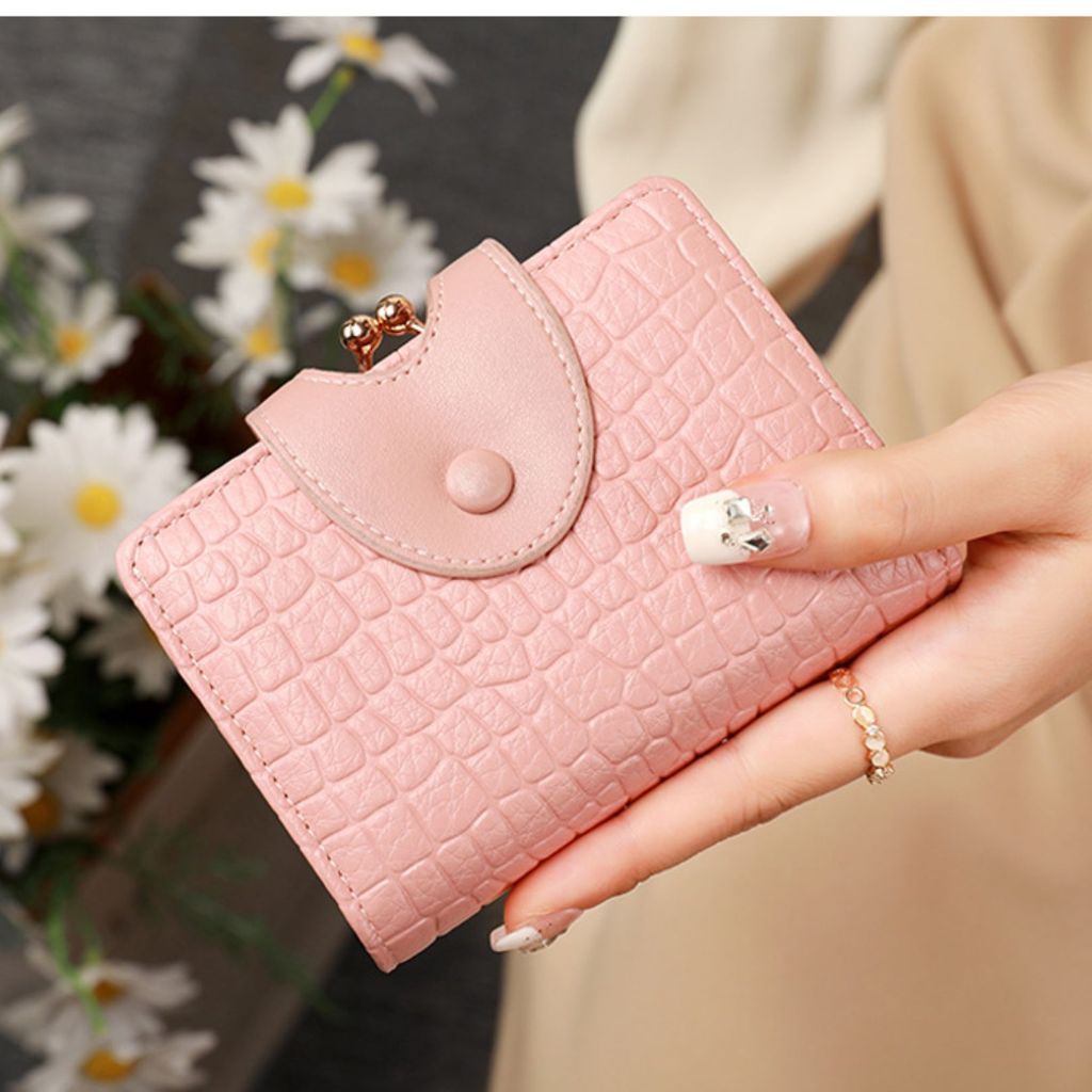 กระเป๋าสตางค์พับหนังสีชมพู WA1215P3 Tanaka Simple Premium Card Slot Modern Mini Elegant Girls