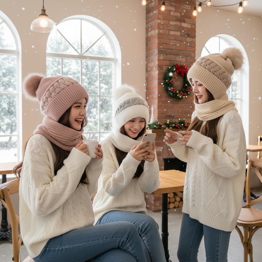 หมวกไหมพรมกันหนาวมีปอม+ผ้าพันคอ เซ็ตแฟชั่นผู้หญิง น่ารัก อุ่นนุ่ม ใส่เที่ยวหิมะ ฤดูหนาวเกาหลี earmuff กันหนาว - รูปที่ 2