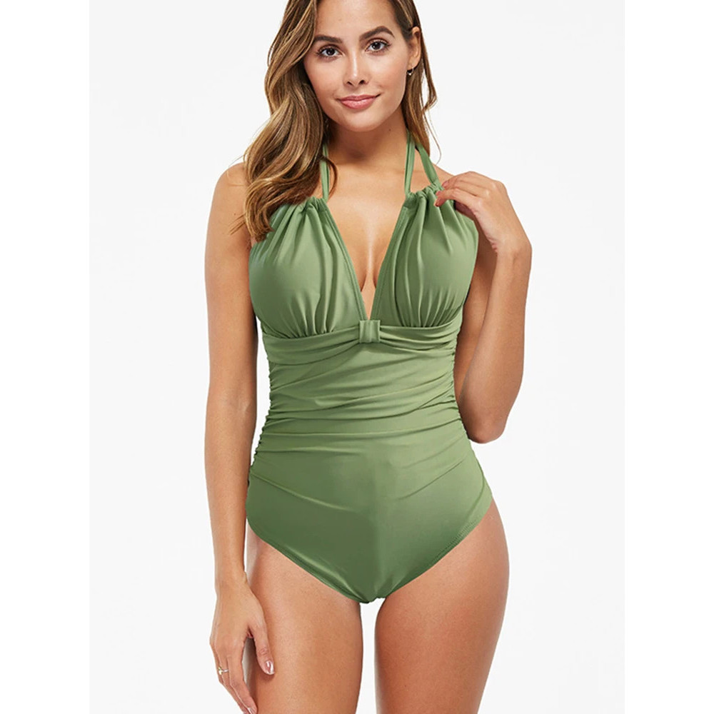 Circyy Piece ชุดว่ายน้ําผู้หญิงคอ-ติดตั้ง Low Cut บอดี้สูทจีบ Slim ชุดว่ายน้ําฤดูร้อน 2025 ใหม่แฟชั่