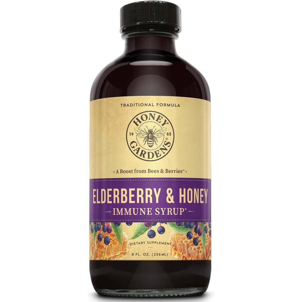 Honey Gardens Elderberry & Honey Immune Syrup - น้ําเชื่อม Elderberry สีดําสําหรับผู้ใหญ่และเด็ก, ธร