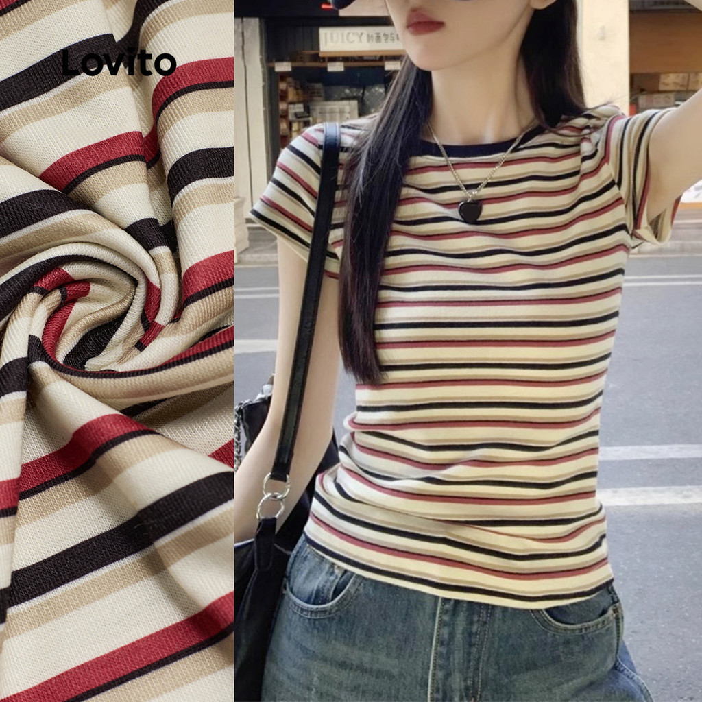 Lovito เสื้อยืดลำลอง เนื้อผ้าบางเบา สำหรับฤดูใบไม้ผลิ/ฤดูร้อน สตรี L137LD011
