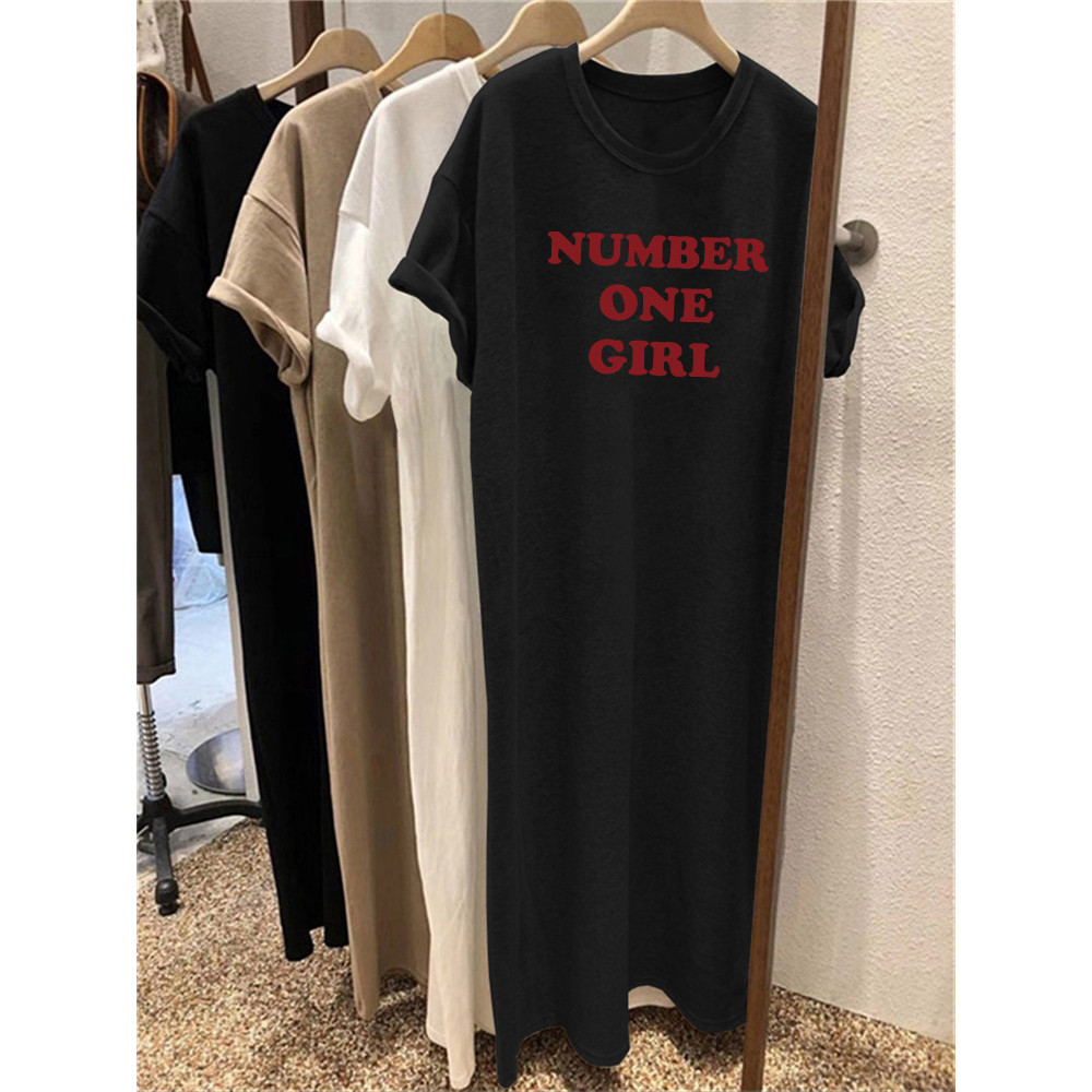 เดรสพิมพ์ลายอักษร สไตล์แขนสั้น ทรงเพรียวบาง สำหรับผู้หญิงฤดูร้อน