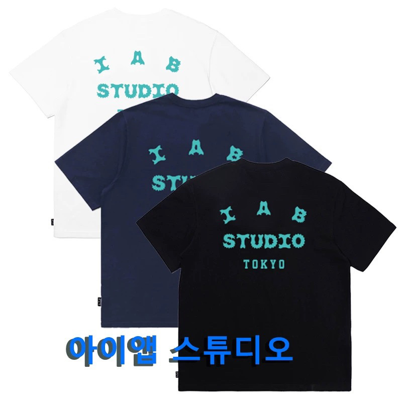 IAB STUDIO TOKYO ตัวอักษรพิมพ์คู่ญี่ปุ่นผ้าฝ้าย 100% คุณภาพสูงลูกเรือคอเสื้อยืดลําลอง 0819